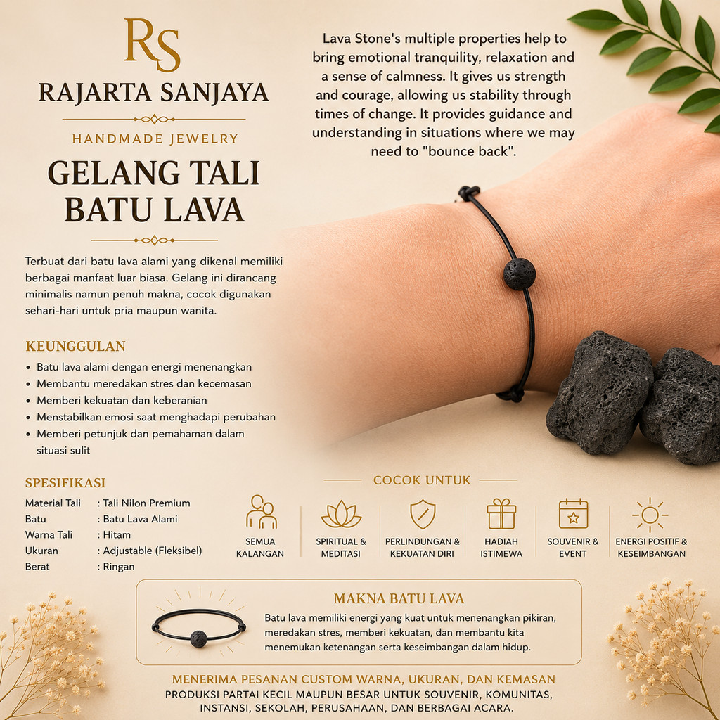 Gelang Pria Simpel Butir Lava Stone
