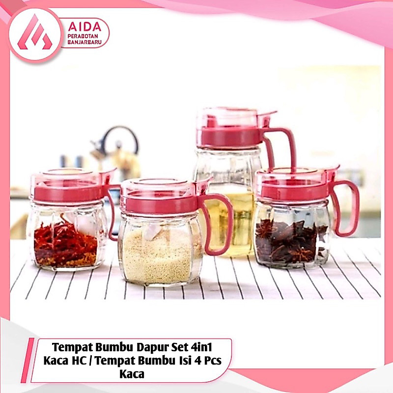 Tempat Bumbu Dapur Set 4in1 Kaca HC / Tempat Bumbu Isi 4 Pcs Kaca / Tempat Bumbu Hc + Botol Minyak