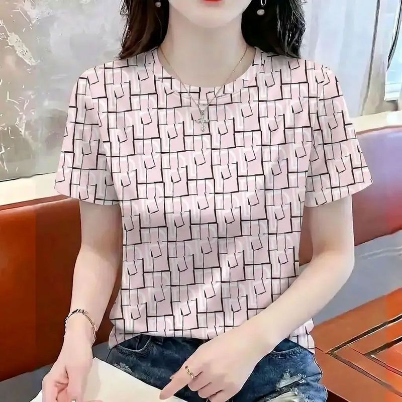 Kaos wanita berbahan sutra es baru, kerah bulat, potongan longgar, atasan kotak-kotak, lengan pendek