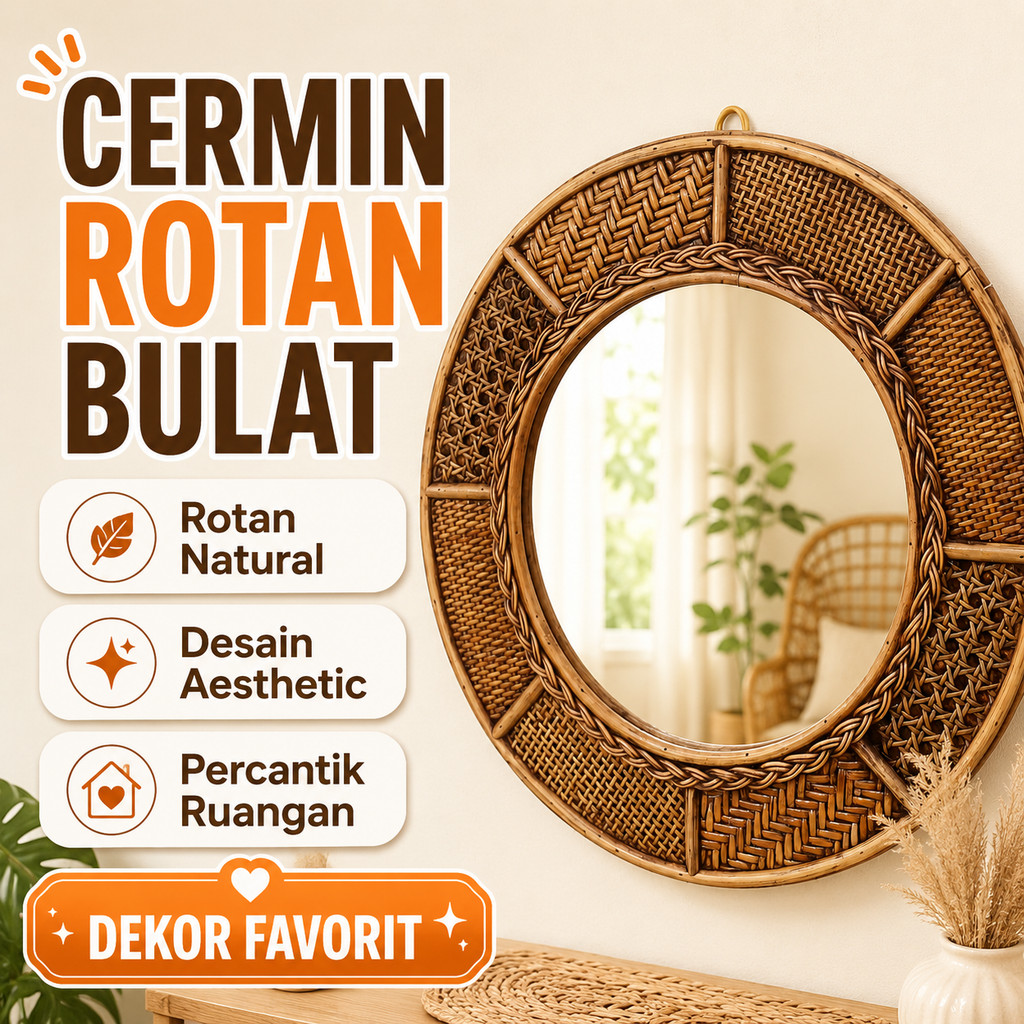 Cermin Dinding Aesthetic Rotan Anyaman Bulat Warna Natural