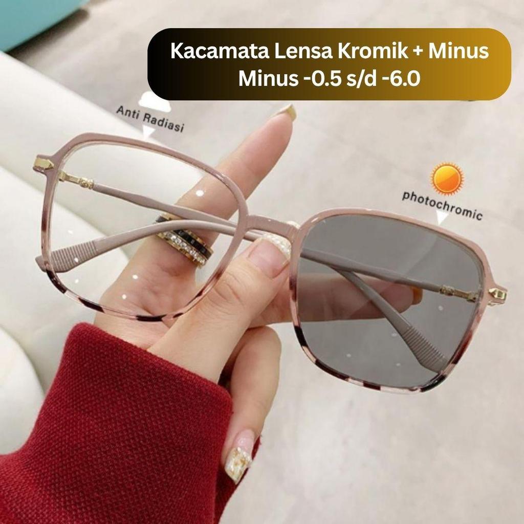 Kacamata 2 Fungsi Lensa Fotokromik + Minus -0.5 s/d -6.0 Tanapa Silinder Model Korea Anti Sinar Biru