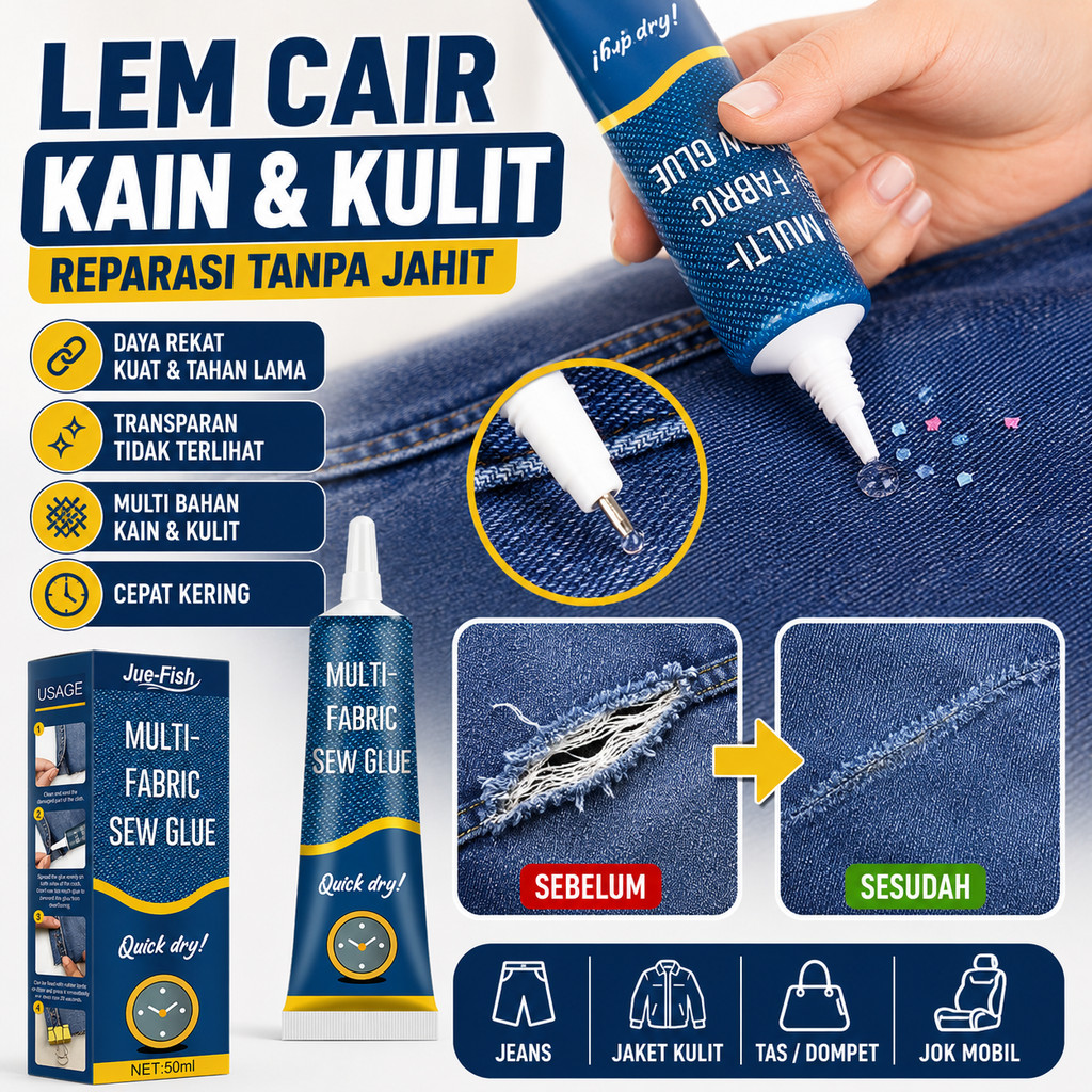 Liquid Cairan Perekat Lem Kain & Kulit Pakaian 50 ml Lem Transparan Bening Anti Air Kuat Kain Jeans 