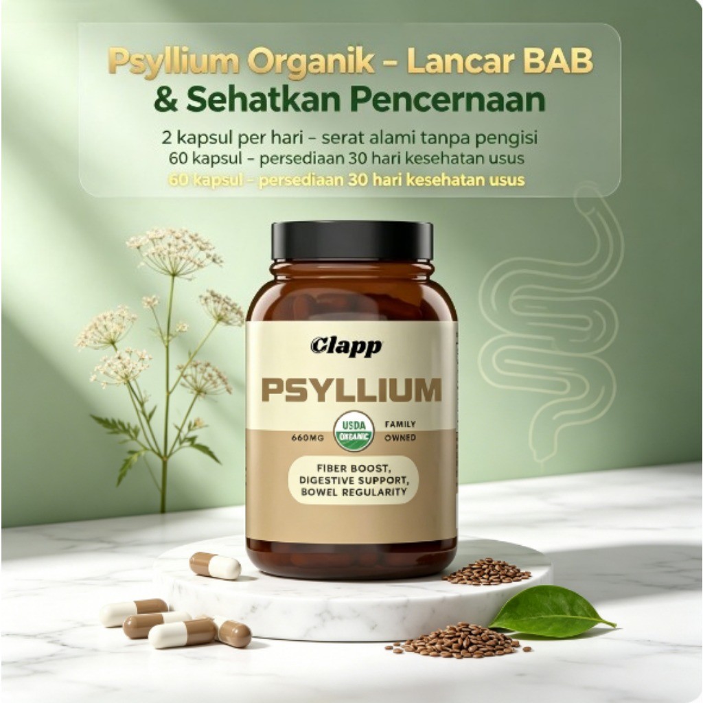 Clapp USDA Organic Psyllium Husk 1320mg Per tunda Bantu Kontrol Berat Badan & Metabolisme 60 Kapsul 