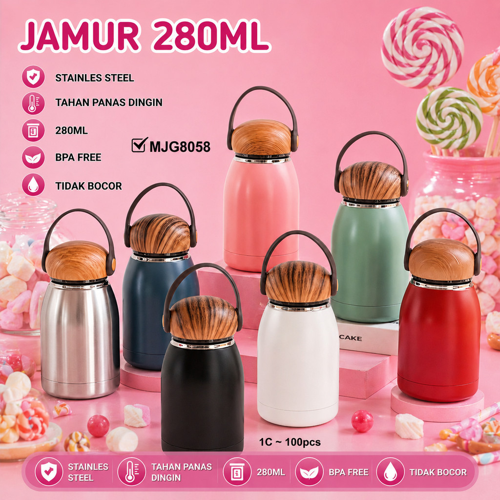 Mug Jamur 280ML Stainless Steel Motif Kayu Cute Coffee Mug