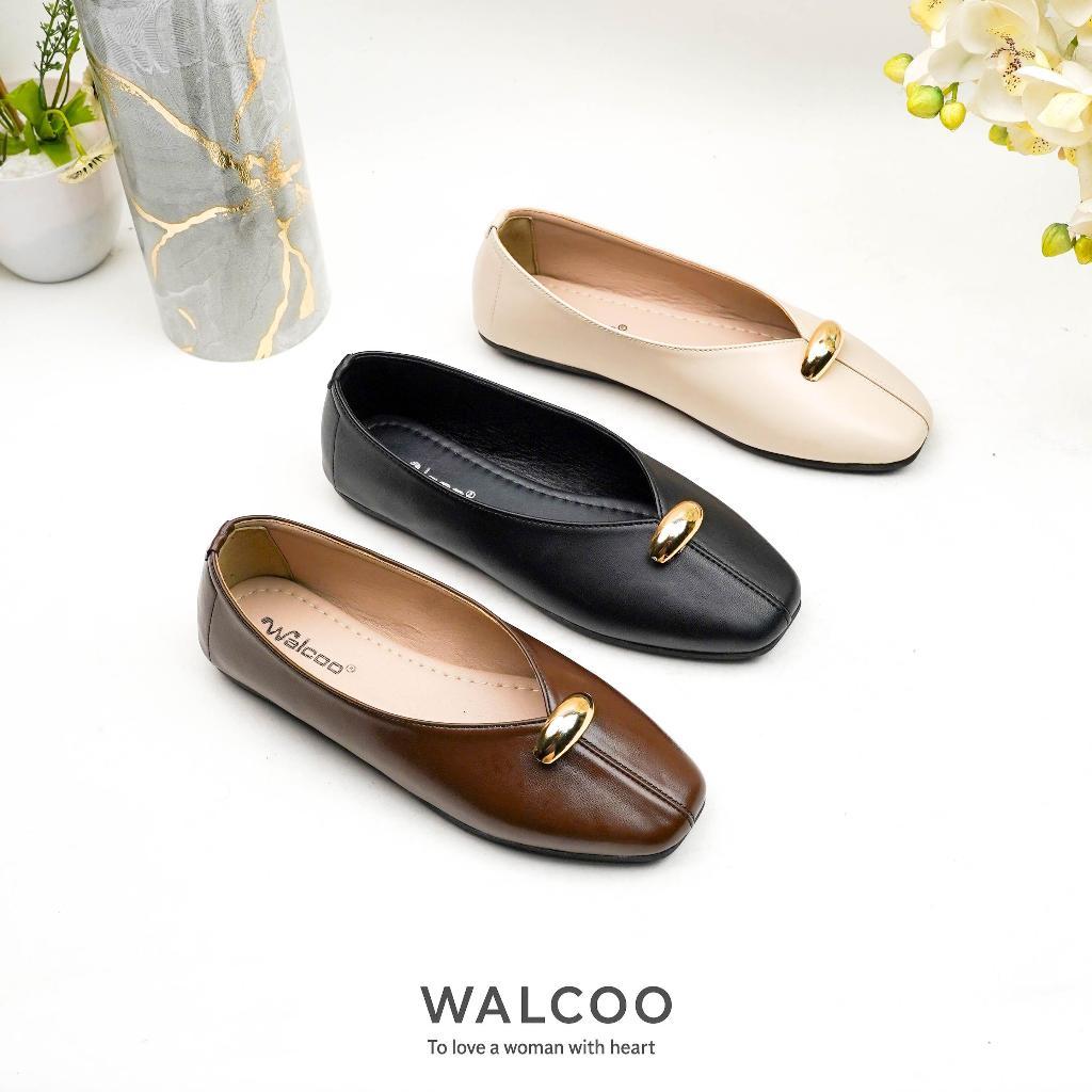Diskon PO Walcoo Juwita Flat Shoes Wanita Elegan V-Cut Aksen Gold Nyaman Kerja Kuliah