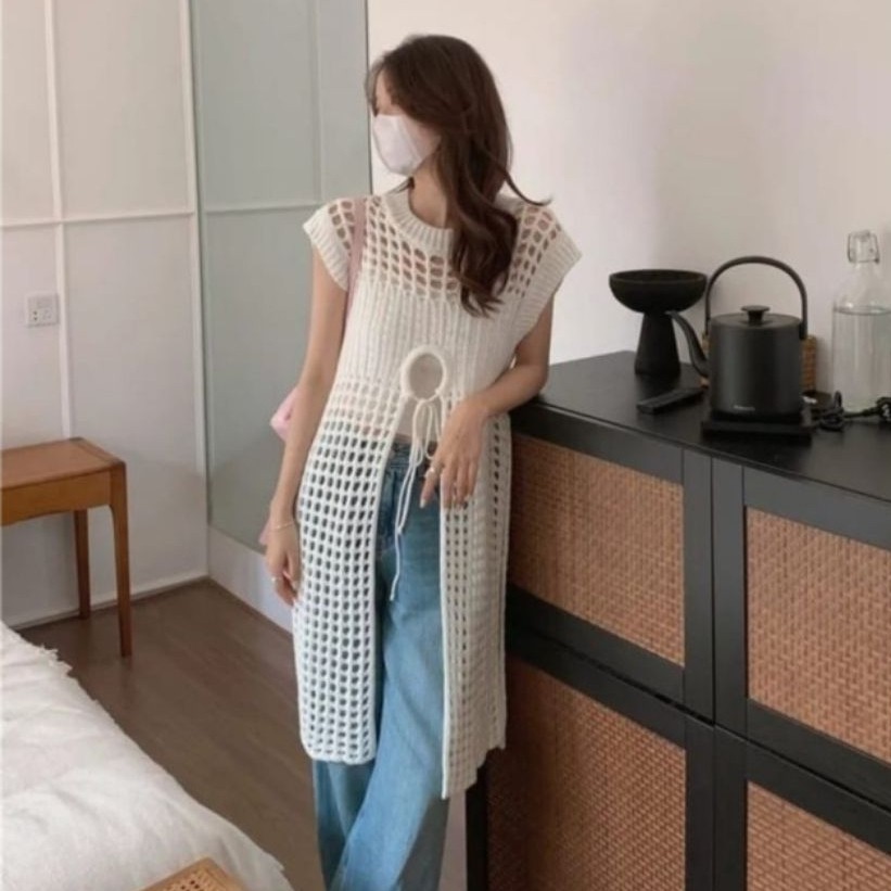 Ec Outer 2in1 Rajut Montana putih l atasan fashion baju outer jaring outer rajut baju knit wanita