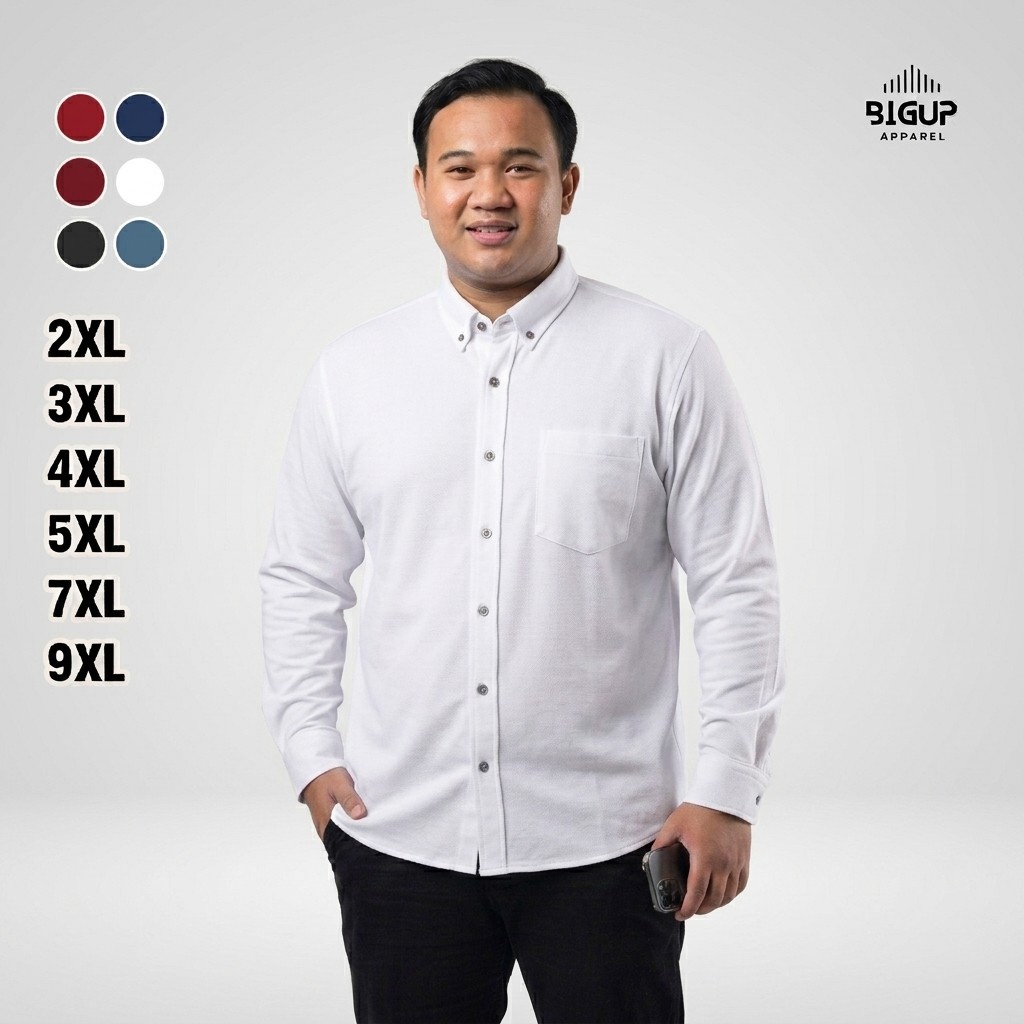 BigUP Kemeja Polo Jumbo Pique Formal Lengan Panjang Putih