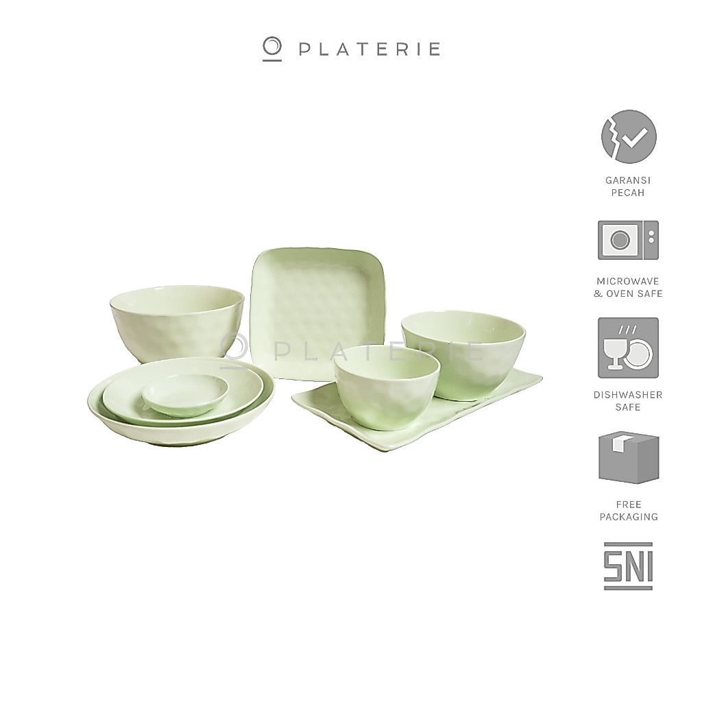 PLATERIE Dinner Set Piring Mangkok , Dinner & Salad Plate & Bowl Keramik Green Daisy