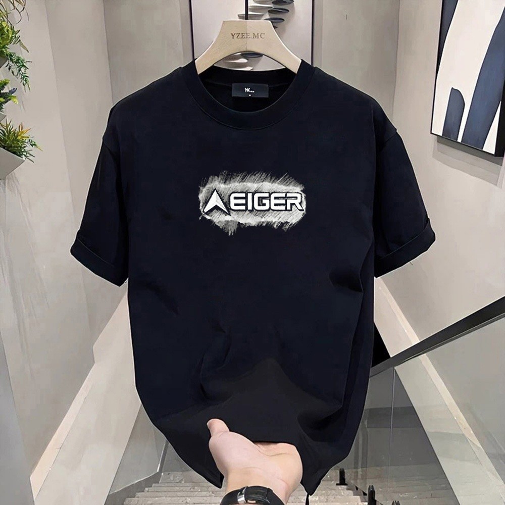 Kaos Pria Hitam Lengan Pendek Motif Eiger Desain Kasual Modern