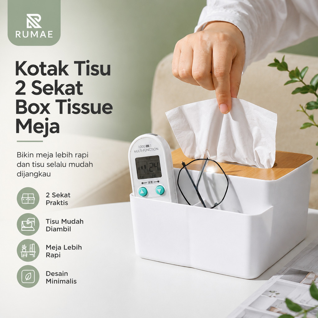 RUMAE Kotak Tisu 2 Sekat Box Tissue Meja Tempat Remote Stationery Motif Kayu Aesthetic