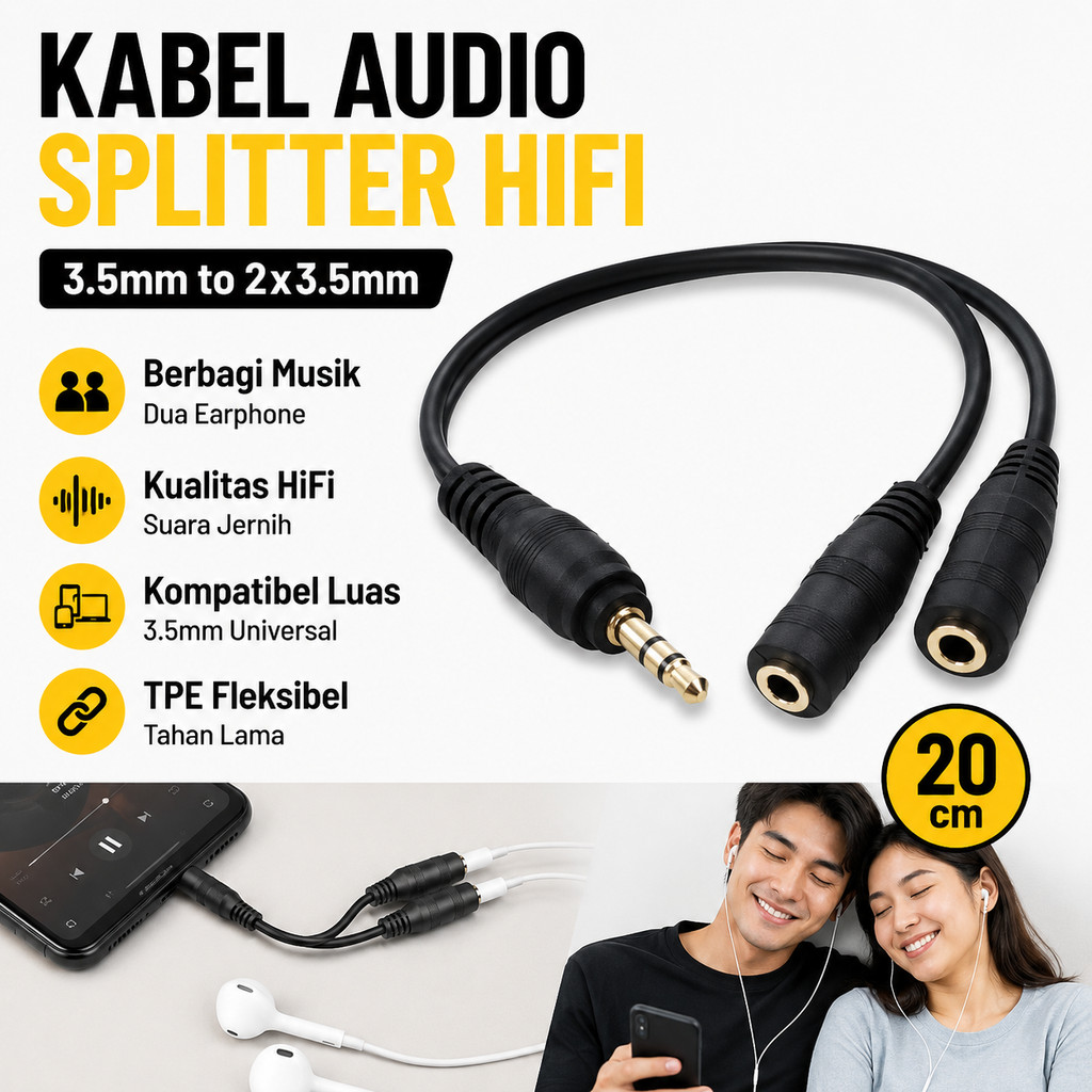 Kabel Audio Splitter 3.5mm to Dual 3.5mm Jack 2in1 Aux Hub Audio Sharing Musik Earphone Headphone Sp