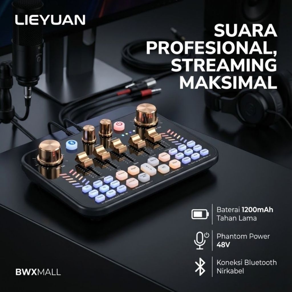 Soundcard Mixer Audio External LIEYUAN V19 Alat Rekaman Studio Live Streaming TikTok Podcast Paket S