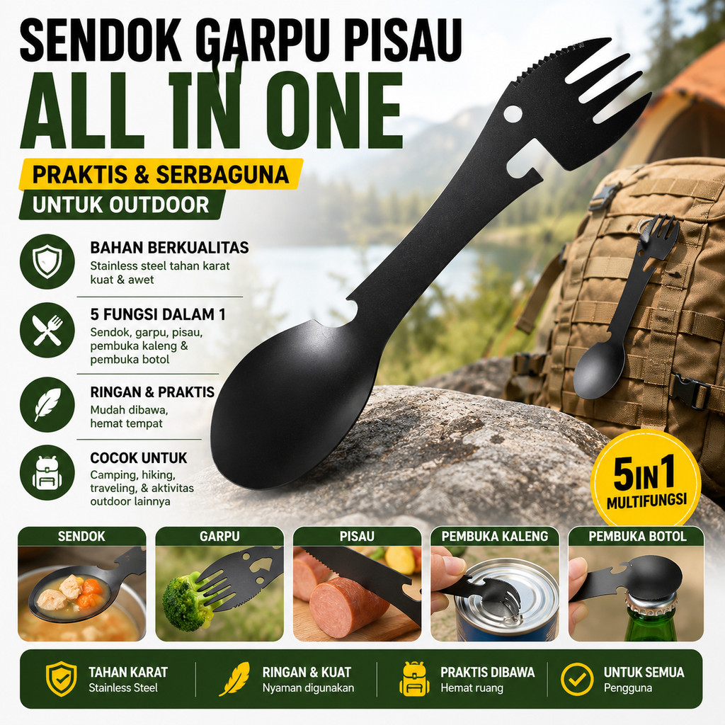 Sendok Garpu Pisau All In One Hiking Gunung Camping Outdoor Alat Makan Multifungsi Serbaguna 5 in 1 