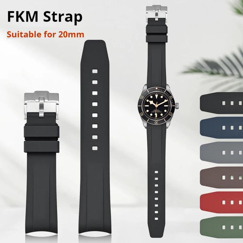 Tali Jam Tangan Karet Fluoro untuk Seri Tudor Black Bay Spesial 20mm Ujung Melengkung FKM, Aksesoris