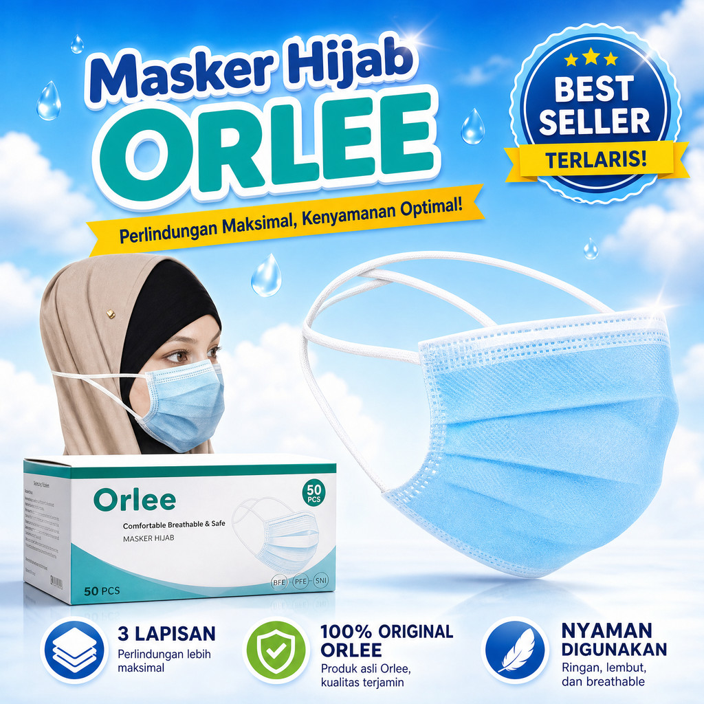 Masker ORLEE Populer 3Ply 3 Ply Masker model Medis Hijab Headloop Disposable 100% Original Murah