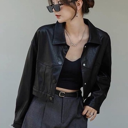 ETHEL COUTURE - Shannon Leather Jacket /Luaran Jaket Wanita Krop Kulit Kuliah Kasual Kerja Hitam