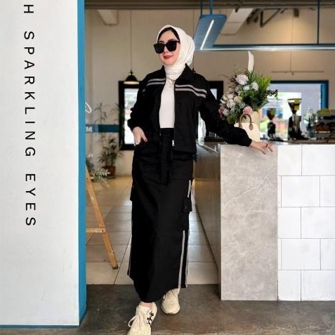 HOT DEALS One Set Rok + Jaket Bomber Cargo ZAHRA Setelan Set Rok Terbaru Korean Style Bahan Fleece P