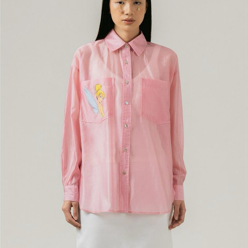 PRELOVED 3Mongkis X Disney Tinker Bell Pink Patch Pocket Long Sleeve Shirt Top Blouse Fashion Wanita