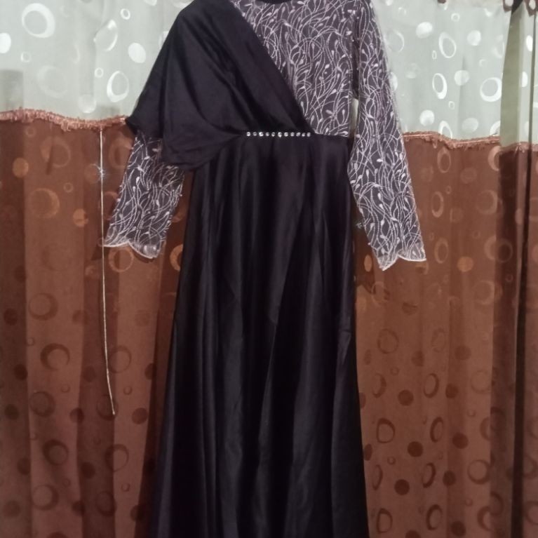 Preloved gamis satin silk premium kombinasi Tulle brukat mutiara