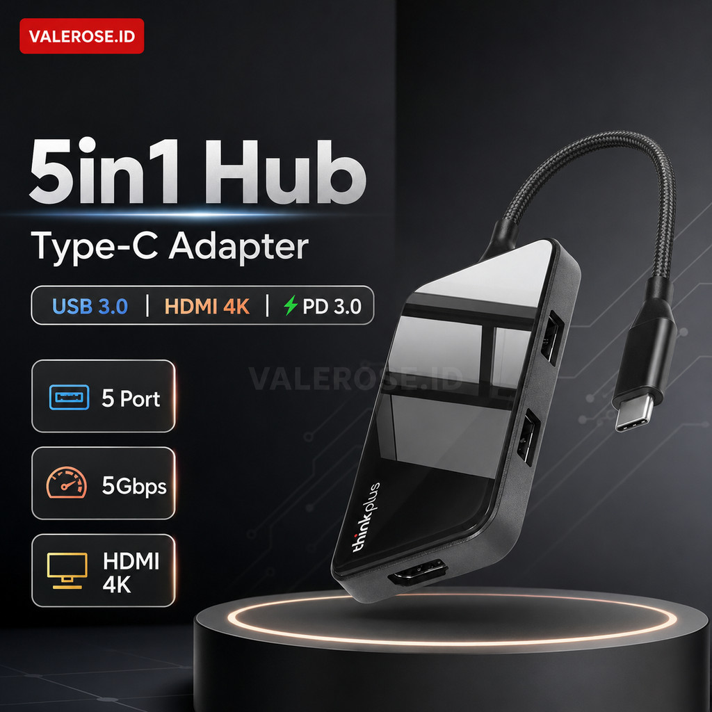 USB Hub Type C 5in1 Lenovo Thinkplus TPH-05 USB 3.0 HDMI 4K PD 3.0 | Adapter Laptop — VALEROSE.ID