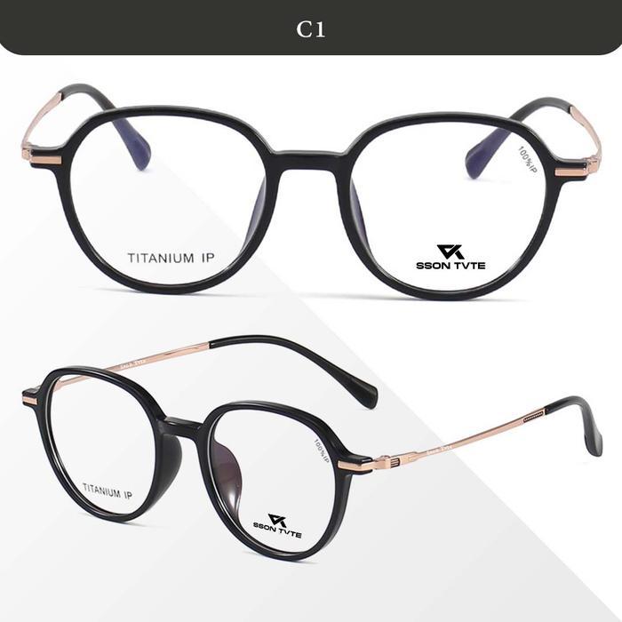Kacamata Lensa Blueray Minus Photocromic Bulat Modis Casual Pria Wanita Titanium Sson Tvte T18927 - 