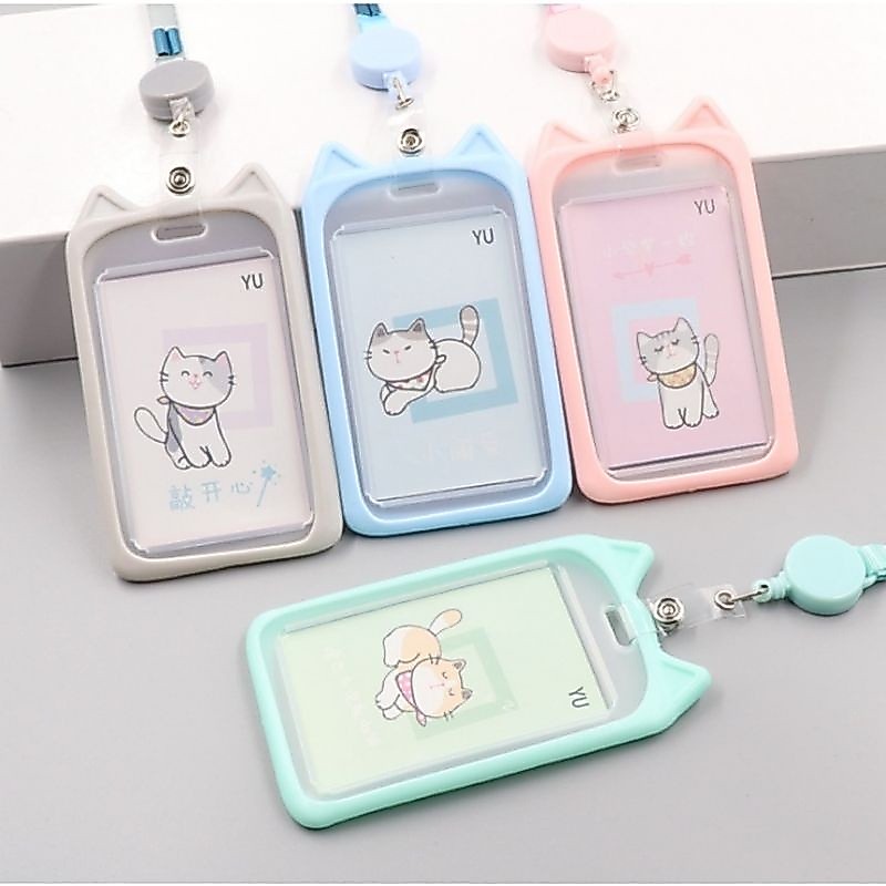 GROSIRJUJUR Gantungan Kartu Name Tag Lanyard Polos Motif Kucing Akses MRT Busway E-Money Flazz BRIzi
