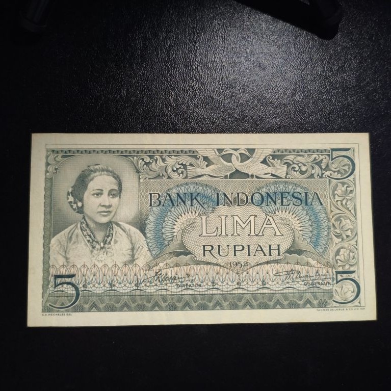 Uang kuno kertas 5 rupiah tahun 1952 budaya TDLR 3 huruf (aUNC/UNC)