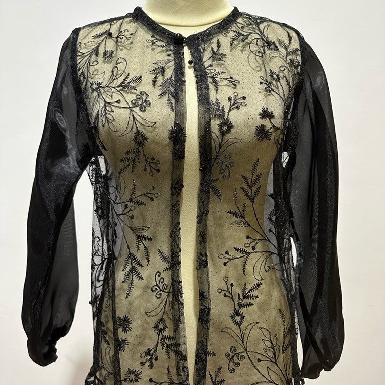 NEW Outer Kondangan Wanita Organza Lengan Panjang Motif Brokat Bunga Payet Hitam