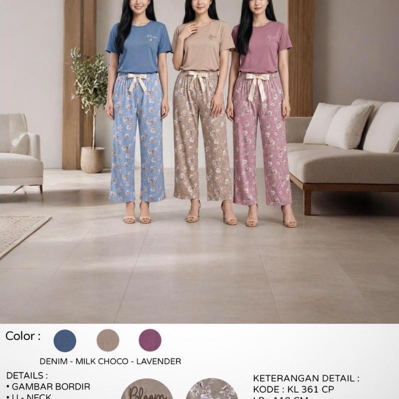 Anne Claire Setelan Kulot Rose Flower U - Neck - KL 361 CP - Setelan Kulot Lengan Pendek dan Celana 