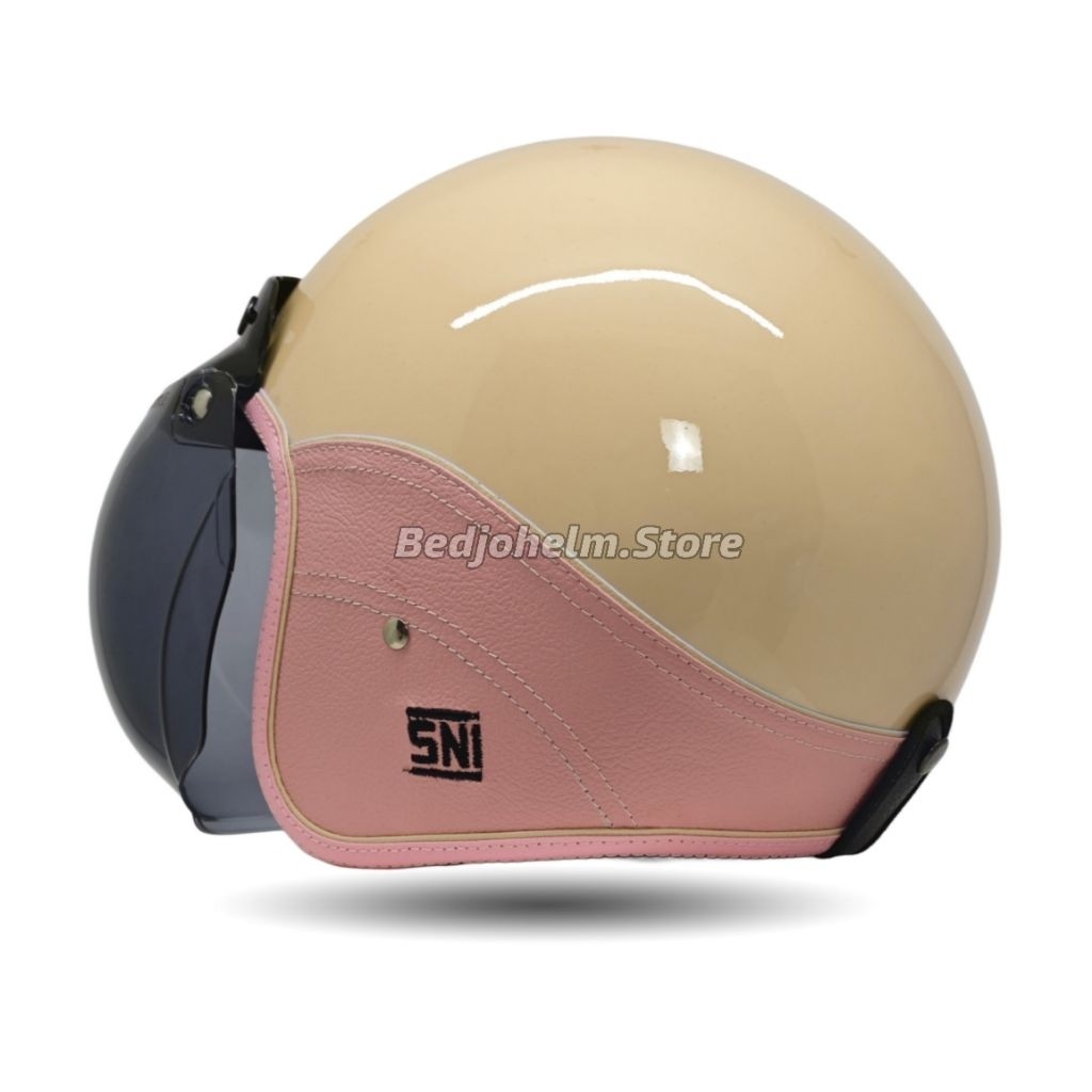NEW Helm Bogo Semi Kulit Pink Retro Full Leher SNI Busa Coklat TERLARIS