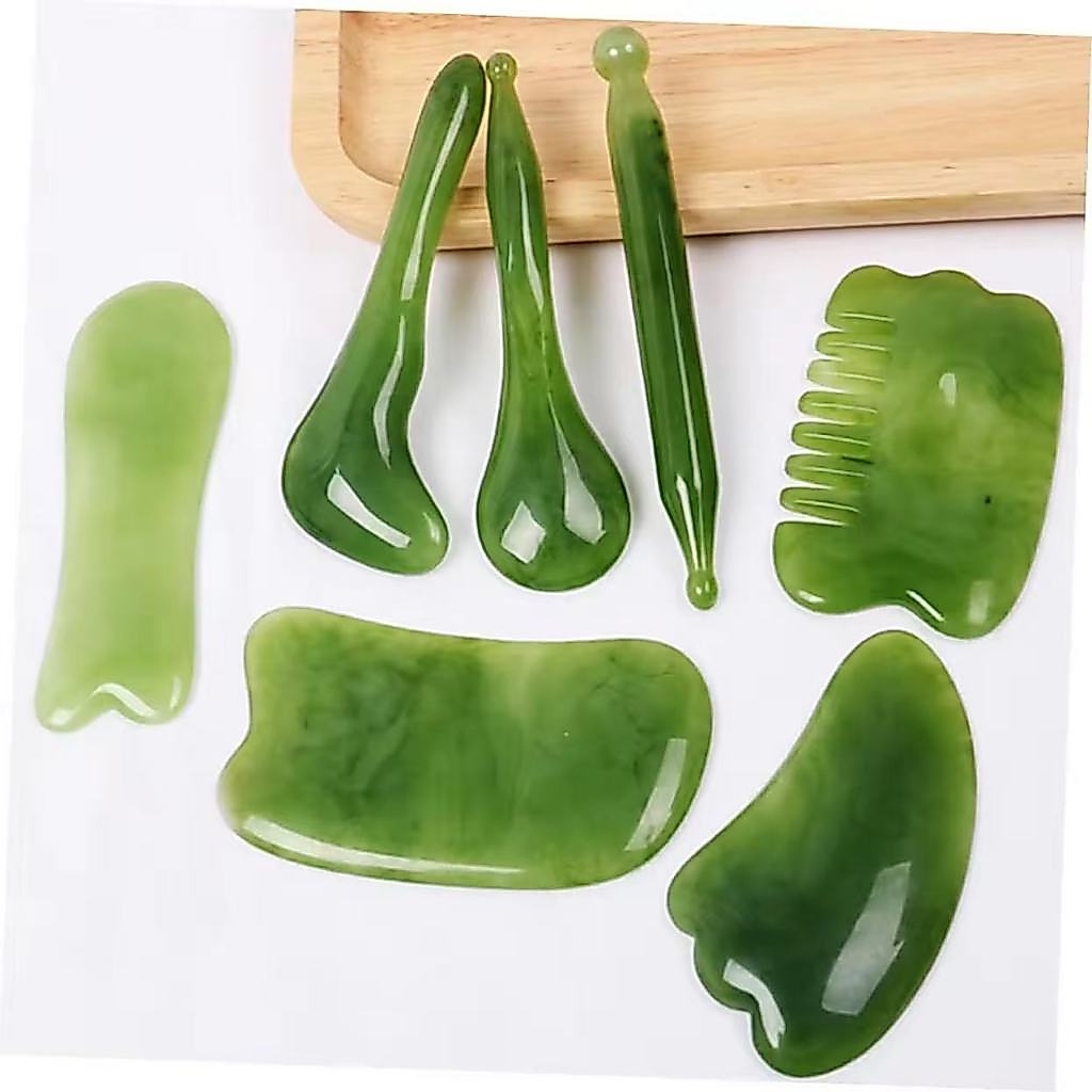 7Pcs Alat Pijat Wajah Gua Sha Gua Sha Board Batu Jade Giok Asli Alami Massage Massager Stone -