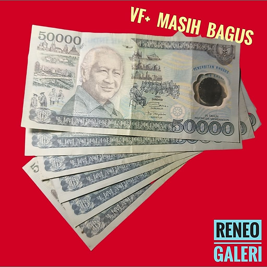 VF+ Asli 50.000 Suharto polymer tahun 1993 Rp 50000 presiden Soeharto plastik polimer mesem uang ker