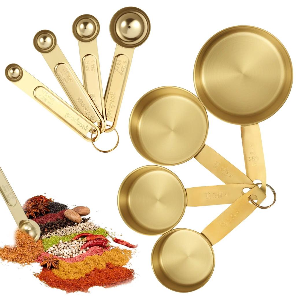 8Pcs Stainless Steel Measuring Cup and Spoon Set Stackable Gold Kiten Measuring Cup Spoon for Home C