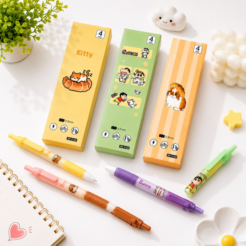 Pulpen Gel Kitty Shinchan Set 4Pcs Pulpen Lucu Aesthetic Tinta Hitam