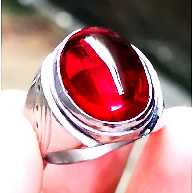Batu Cincin Pria Merah Delima Bangkok, Ukuran 18x13x8 mm, Emban Perak, Aksesoris Fashion