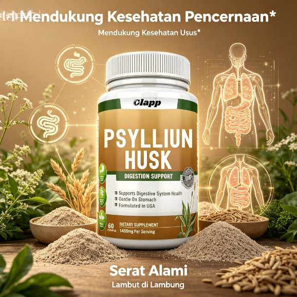 Clapp Psyllium Husk 1450mg 60 Kapsul – Serat Alami untuk Dukungan Pencernaan, Kesehatan Usus
