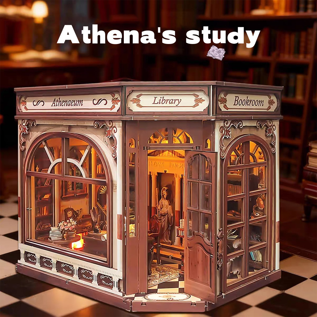 3d wooden puzzle for adults Athena's Study of Wisdom book nook with lights model kit dollhouse DIY m