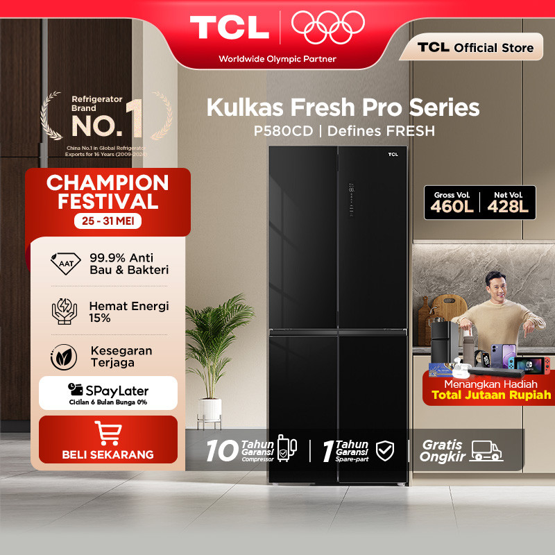 TCL Kulkas 4 Pintu - Kapasitas 460L - Bio Fresh - Wet and Dry Storage - Kulkas Ice Maker - Tanpa Bun