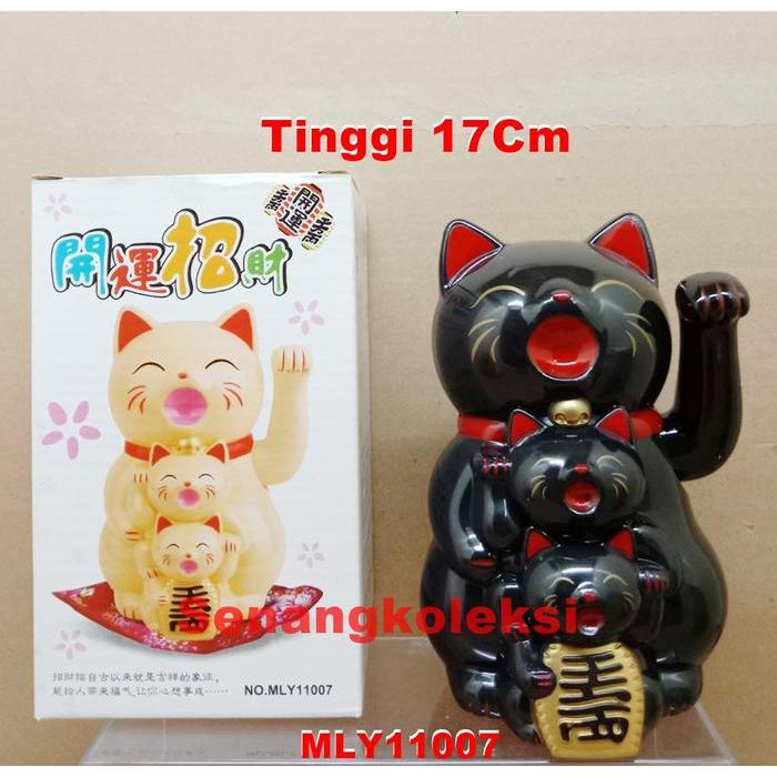 Kucing Hoki Neko Beranak 2 Patung Boneka Kucing Hoki Maneki Neko 17cm - Hitam - Hunian Rapi.id