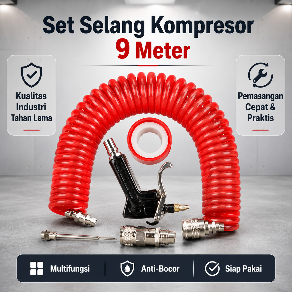 Selang Spiral Kompresor 9M + Nozzle & Connector Set Kit Selang Kompresor Angin Multifungsi Isi Ban &