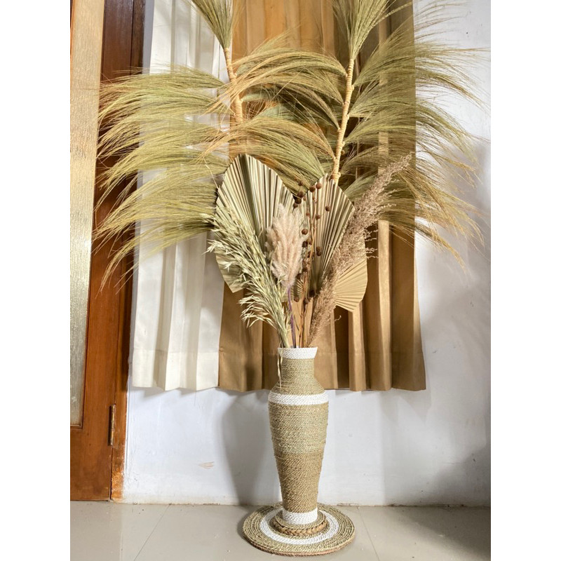 Paket Jumbo Bunga Kering dan Pot Guci Tinggi 50cm | Daun Palem Kering | Dekorasi Rustic | Dekorasi R