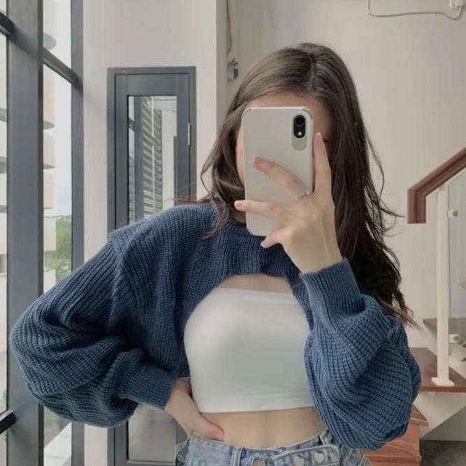 Toply shop Cardigan crop lengan balon rajut tebal / outer wanita rajut kekinian