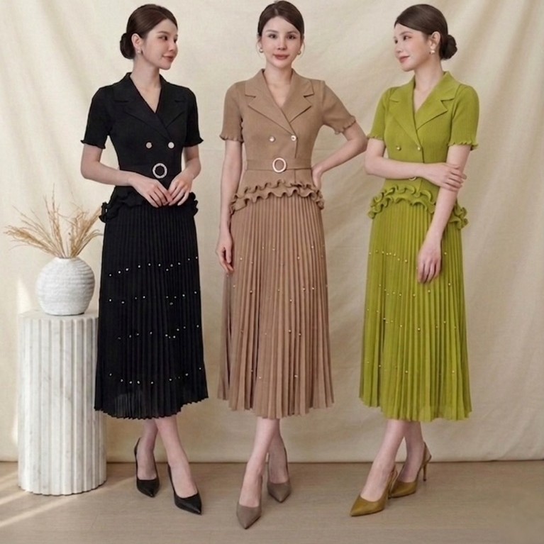 Laudofficial Alana Issey Dress /Midi Dress Prisket Wanita Lengan Pendek Rok Mutiara