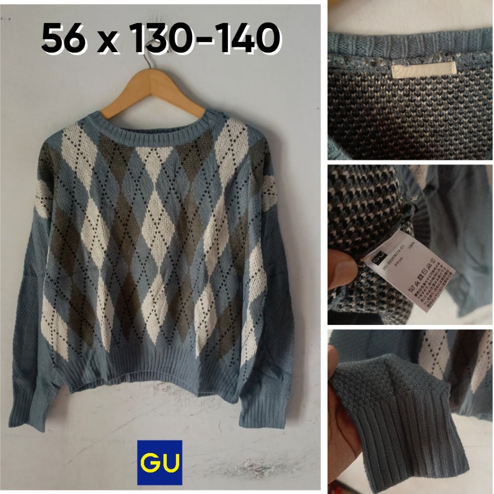 Sweater GU By UNI Biru Motif Argyle Premium Atasan Knit Ketupat Wanita KL421