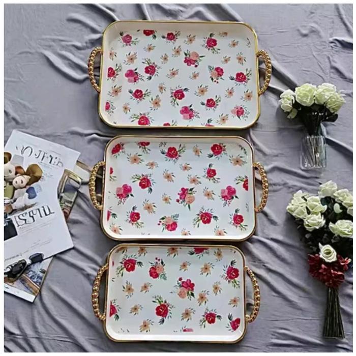 Nampan Saji Wadah Makanan 3 Set / Baki Makanan Food Tray / Nampan Saji Prasmanan Aesthetic - Rose -1