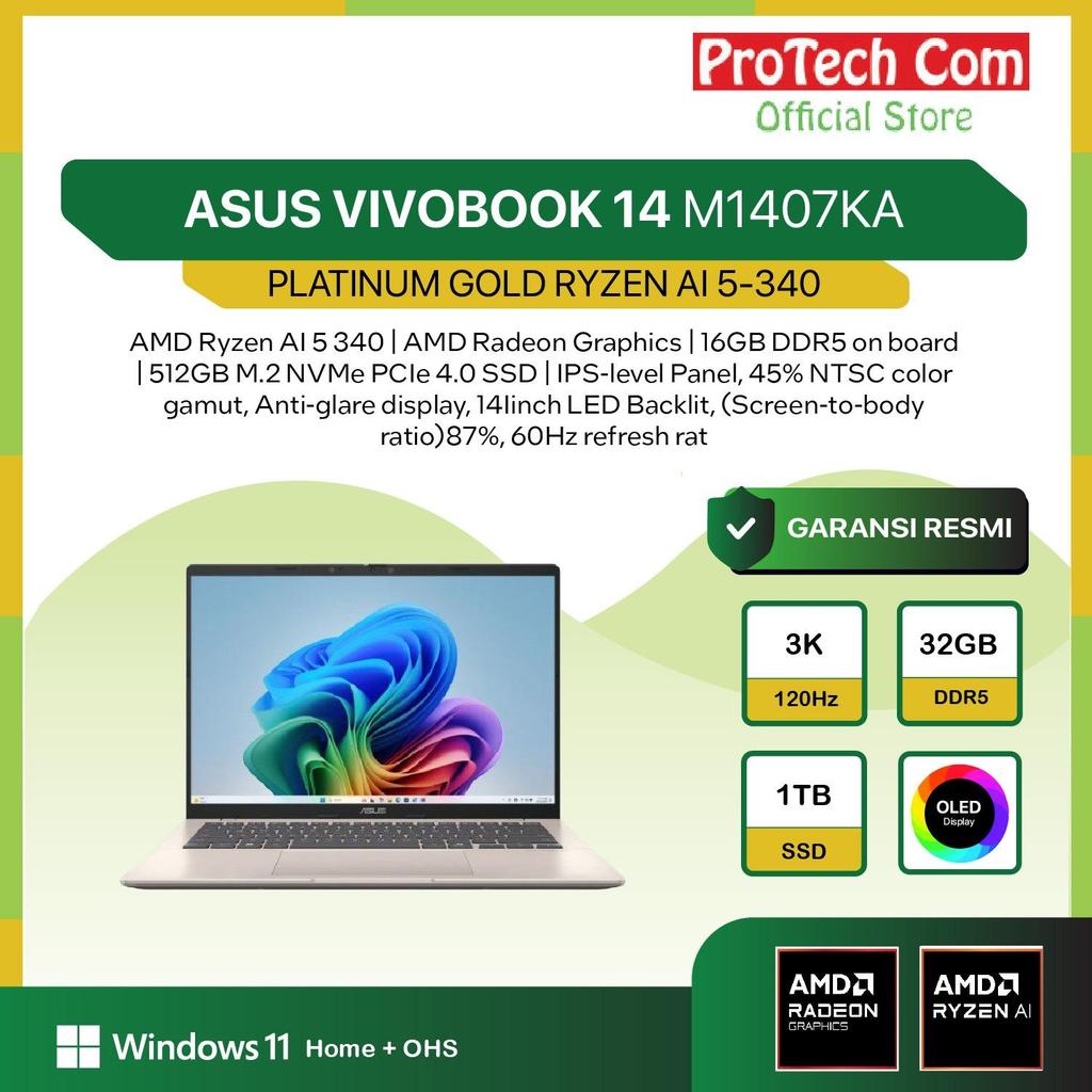 ASUS VIVOBOOK 14 M1407KA PLATINUM GOLD RYZEN AI 5-340 16GB 512GB 14" VIPS 2K W11 OHS+M365