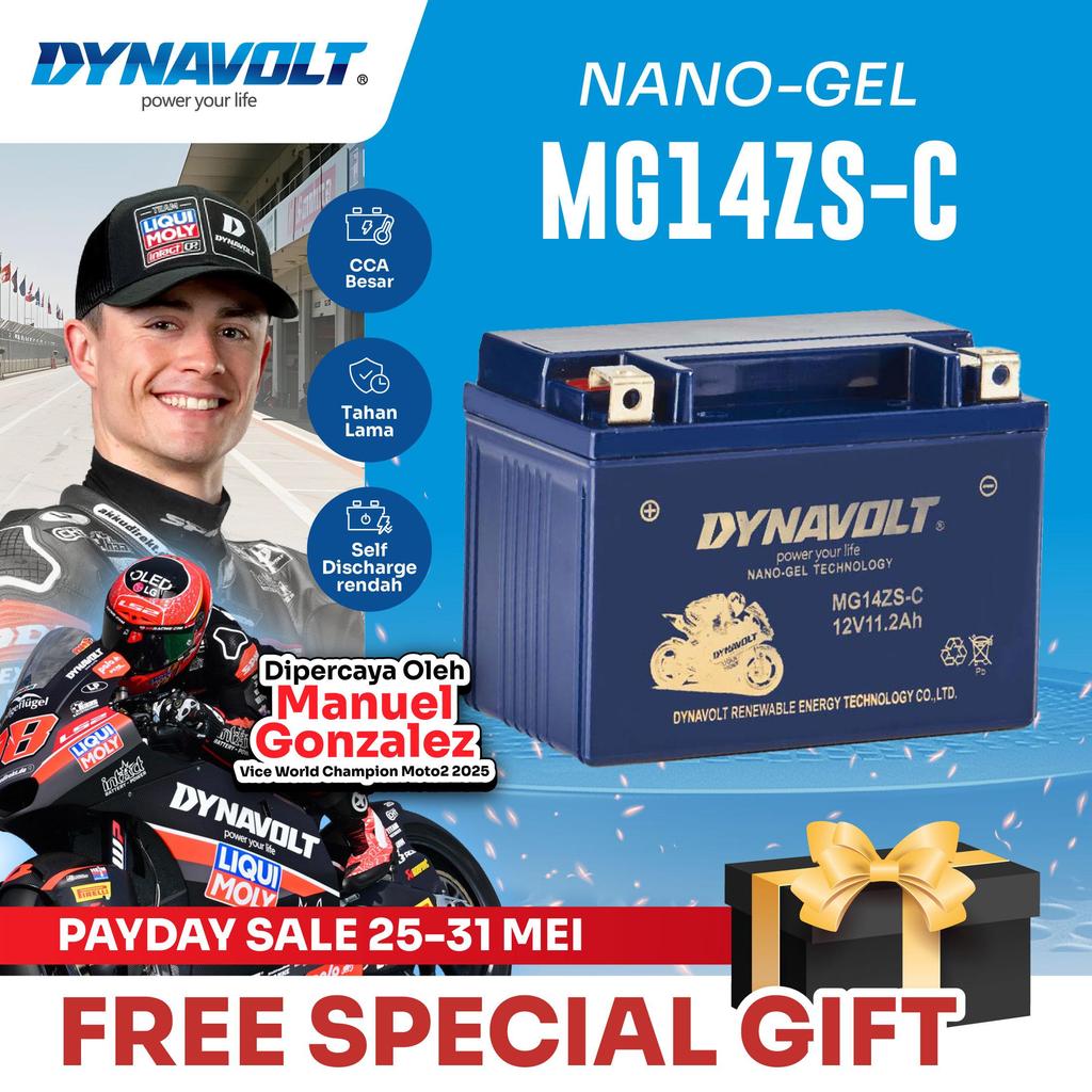 DYNAVOLT Aki Motor KAWASAKI NINJA 250 / 250 FI, YAMAHA XP 500 T-MAX, dll | Nano-Gel MG14ZS-C | 11.2 