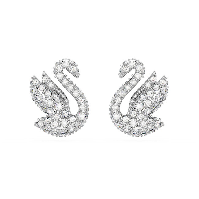 Swarovski - Swan stud earrings, Swan, White, Rhodium plated