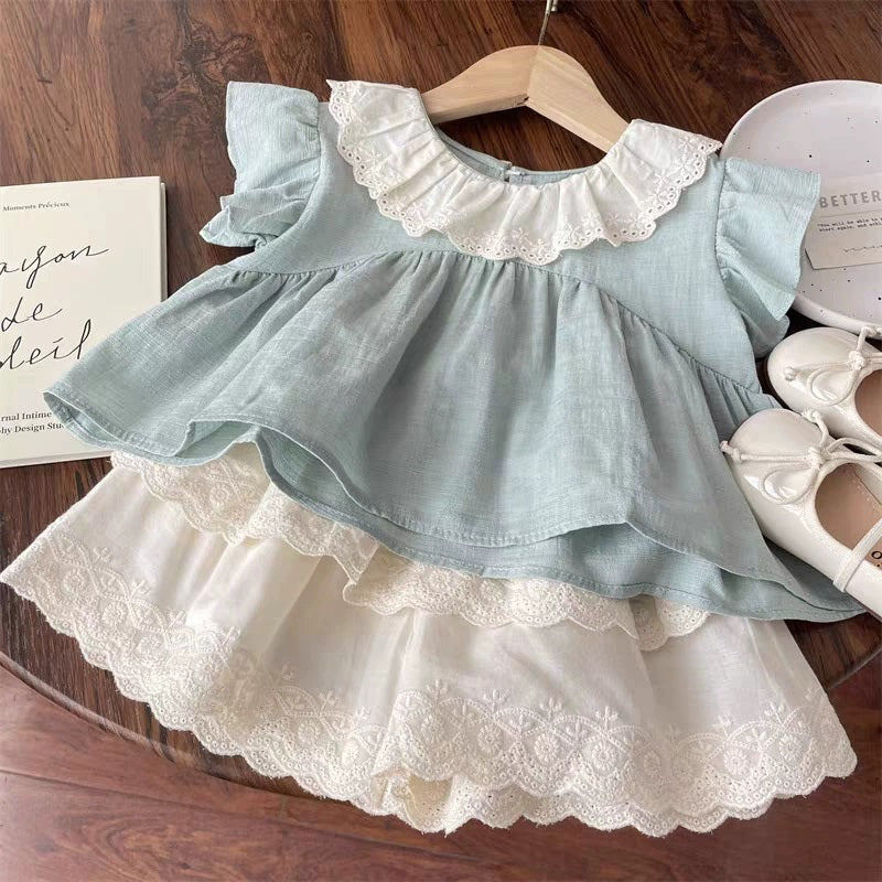 [363872] - One Set Anak Cewek Korea Style Mint Brokat Baju Setelan Atasan Lengan Ruffle Pendek Bawah