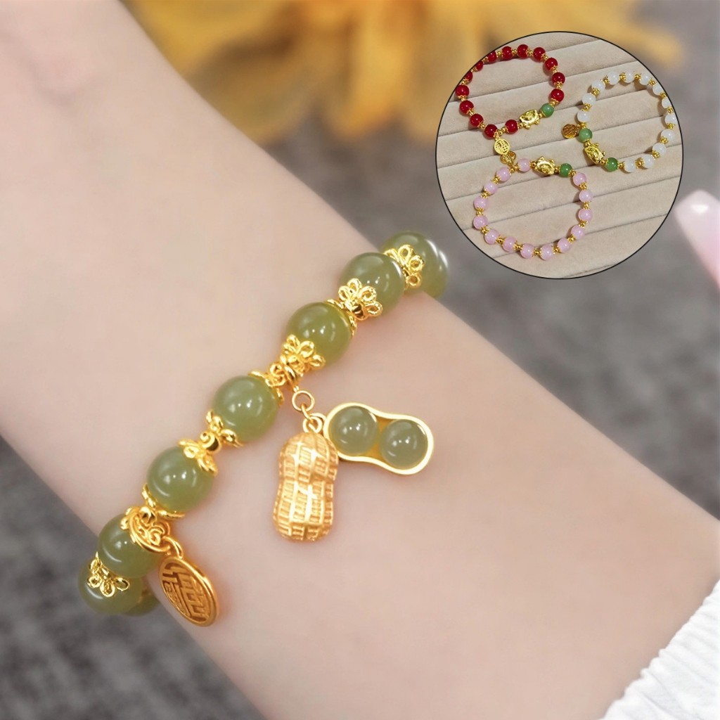 Gelang Giok Keberuntungan Mutiara Pearl Kacang Merah Hijau Fashion Retro Wanita